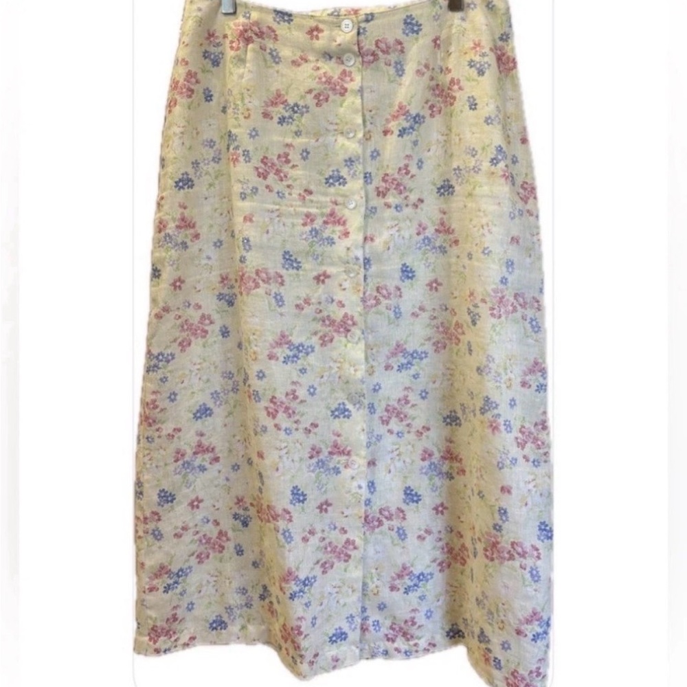 Liz Claiborne 100% Linen Yellow Floral  Button Down Maxi Skirt 16